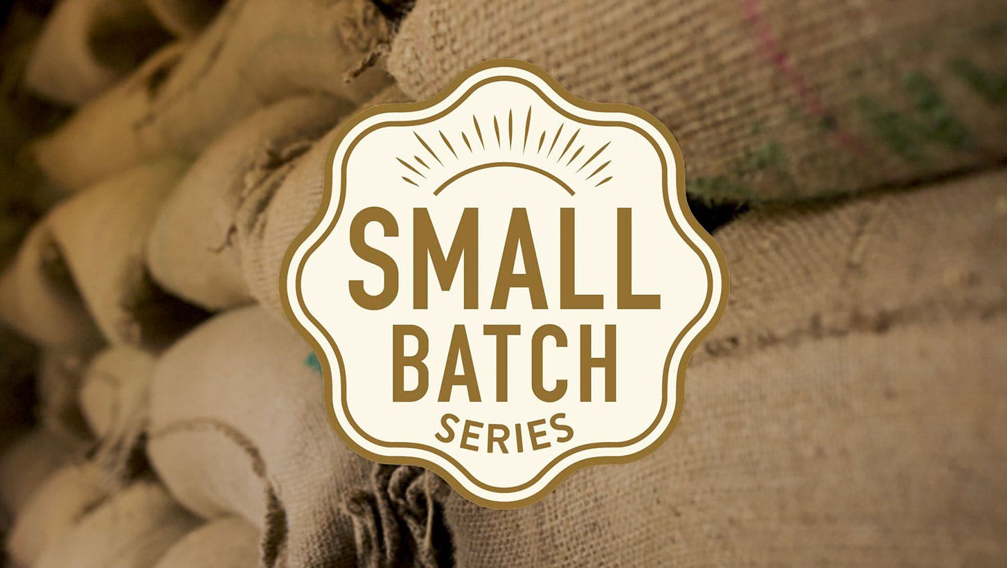 Peet's Small Batch logo superimposed over burlap bags